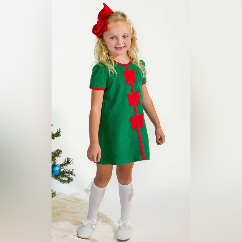 Marco & Lizzy - Girls Green Corduroy Dress wRed Bows - Size: 6Y